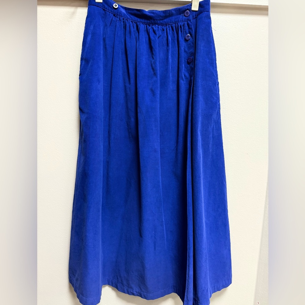 Vintage Eddie Bauer Royal Blue Corduroy Midi Skirt 12 Button Front 90s